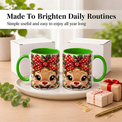 #pl[11oz|Green] Cute Christmas Reindeer Coffee Mug, Holiday Deer Mug, Ceramic Cup