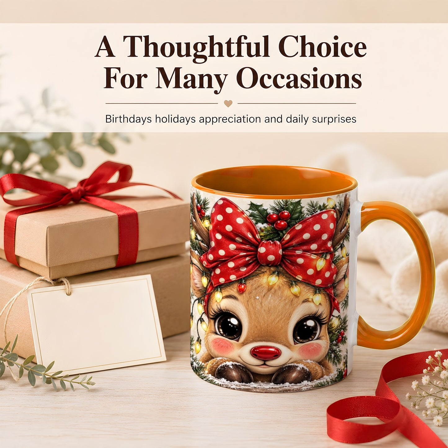 #pl[11oz|Orange] Cute Christmas Reindeer Coffee Mug, Holiday Deer Mug, Ceramic Cup