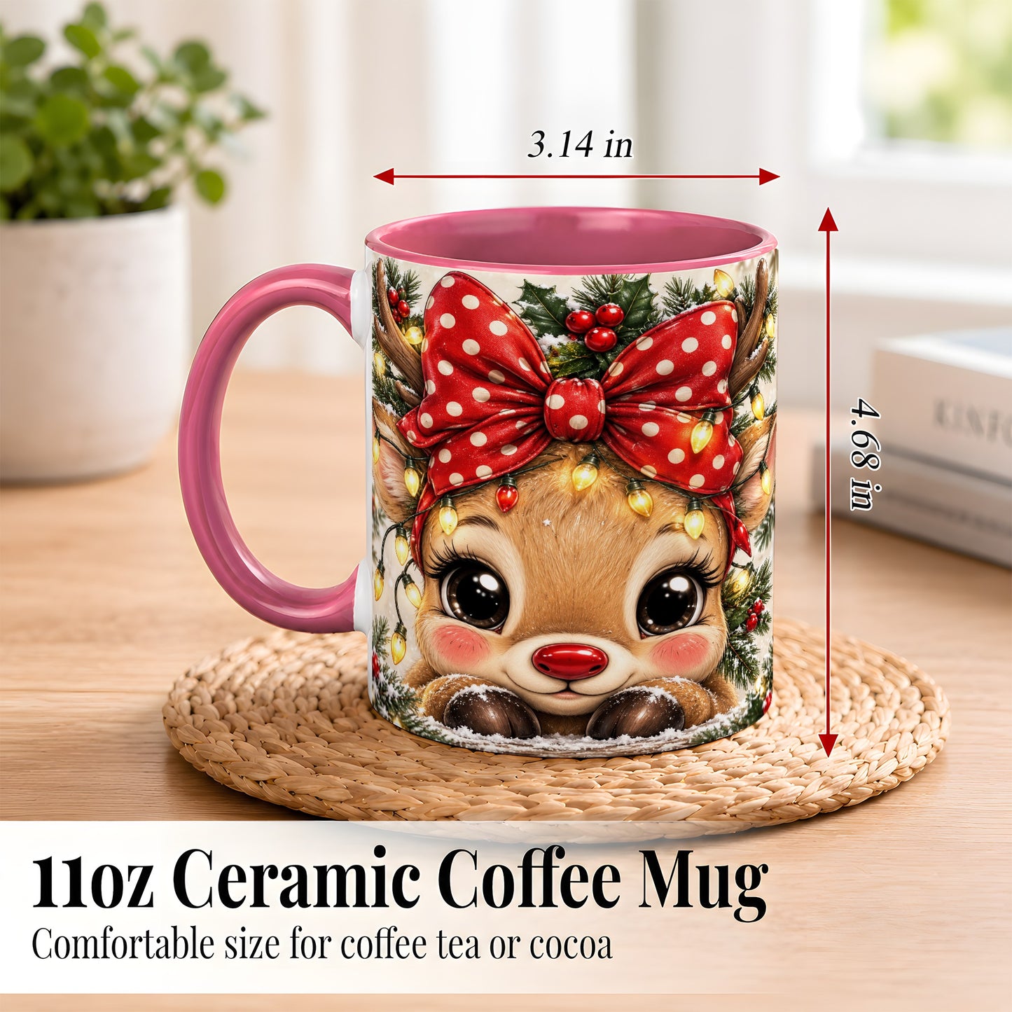 #pl[11oz|Pink] Cute Christmas Reindeer Coffee Mug, Holiday Deer Mug, Ceramic Cup