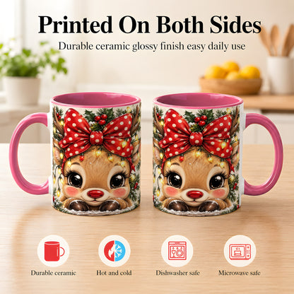 #pl[11oz|Pink] Cute Christmas Reindeer Coffee Mug, Holiday Deer Mug, Ceramic Cup
