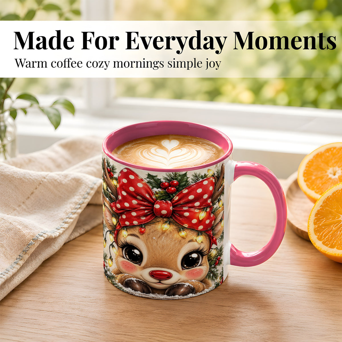 #pl[11oz|Pink] Cute Christmas Reindeer Coffee Mug, Holiday Deer Mug, Ceramic Cup
