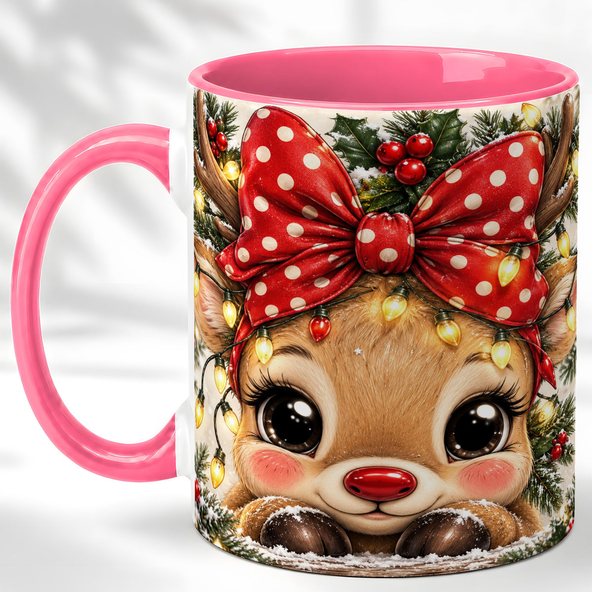 #pl[11oz|Pink] Cute Christmas Reindeer Coffee Mug, Holiday Deer Mug, Ceramic Cup