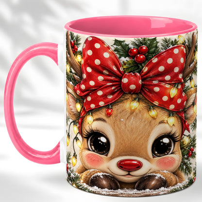 #pl[11oz|Pink] Cute Christmas Reindeer Coffee Mug, Holiday Deer Mug, Ceramic Cup