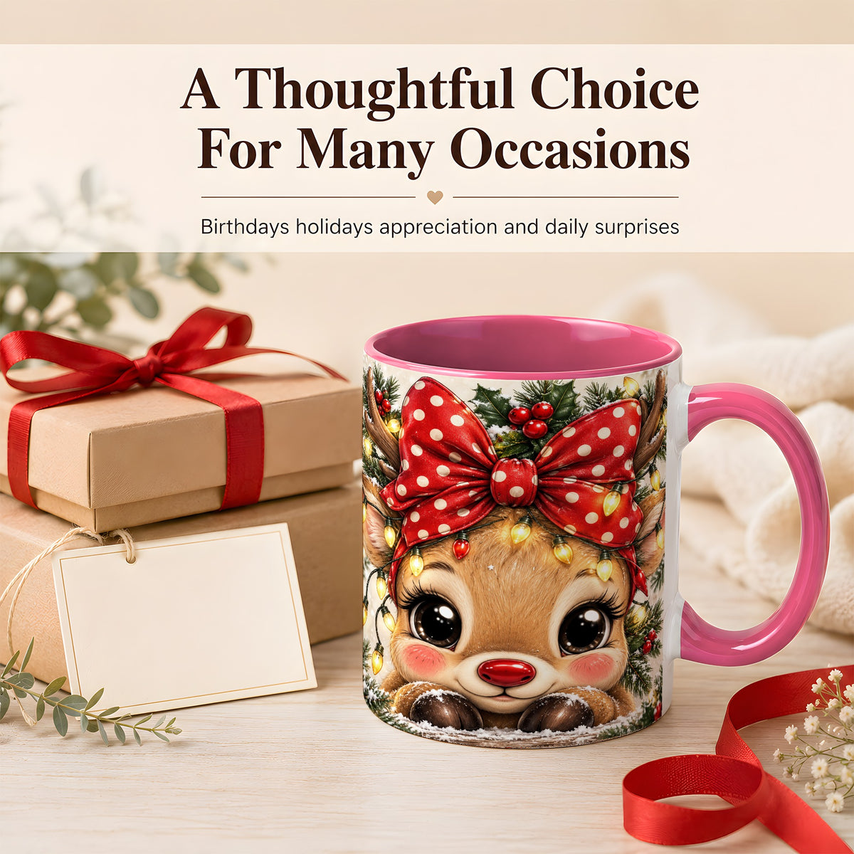 #pl[11oz|Pink] Cute Christmas Reindeer Coffee Mug, Holiday Deer Mug, Ceramic Cup