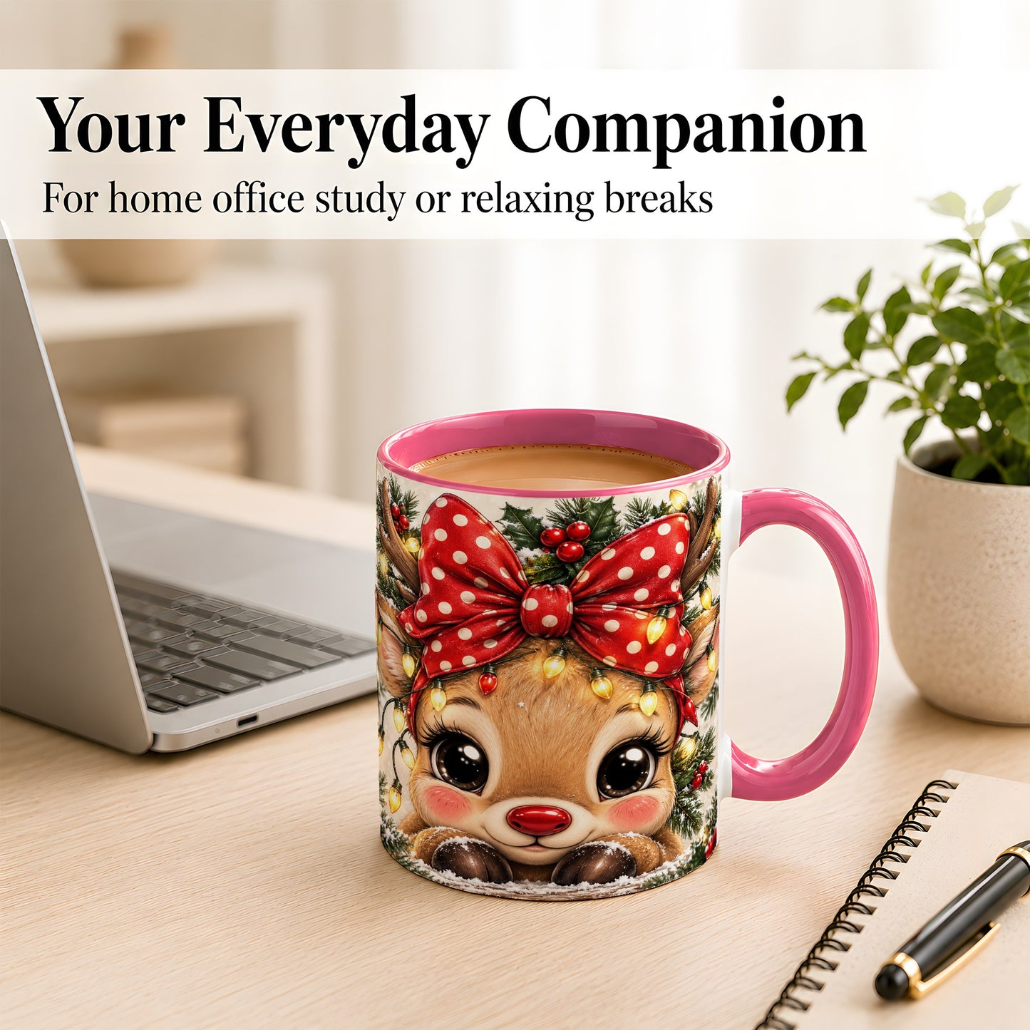 #pl[11oz|Pink] Cute Christmas Reindeer Coffee Mug, Holiday Deer Mug, Ceramic Cup