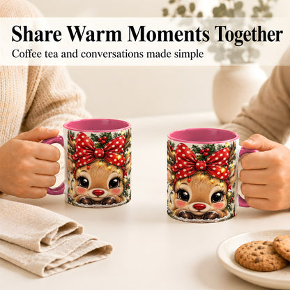 #pl[11oz|Pink] Cute Christmas Reindeer Coffee Mug, Holiday Deer Mug, Ceramic Cup