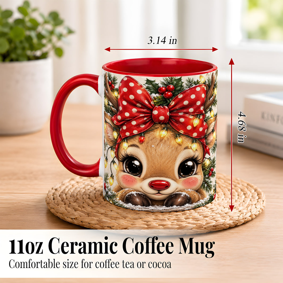 #pl[11oz|Red] Cute Christmas Reindeer Coffee Mug, Holiday Deer Mug, Ceramic Cup