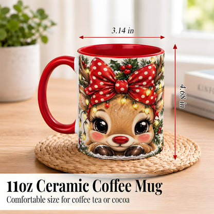 #pl[11oz|Red] Cute Christmas Reindeer Coffee Mug, Holiday Deer Mug, Ceramic Cup