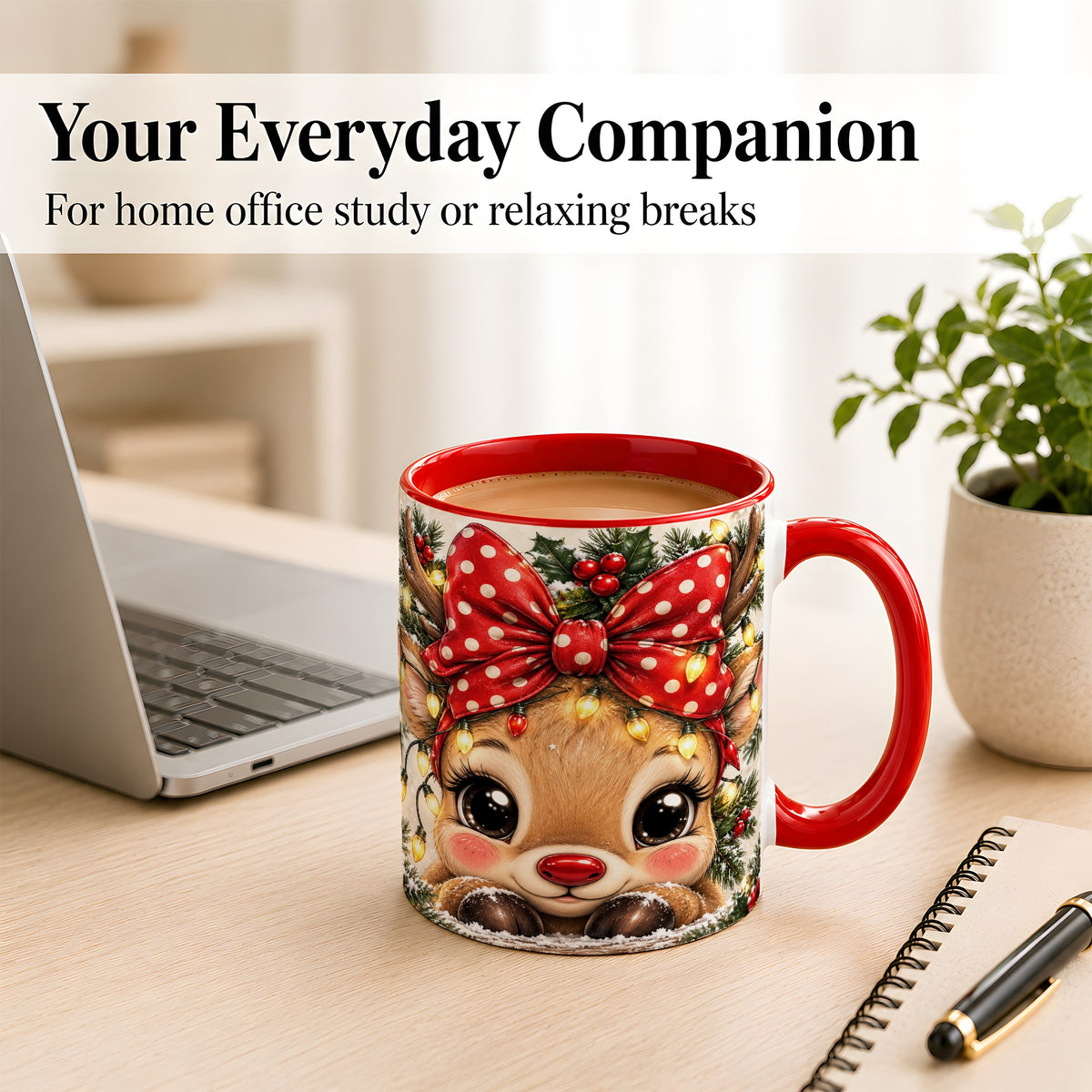 #pl[11oz|Red] Cute Christmas Reindeer Coffee Mug, Holiday Deer Mug, Ceramic Cup