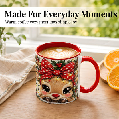 #pl[11oz|Red] Cute Christmas Reindeer Coffee Mug, Holiday Deer Mug, Ceramic Cup