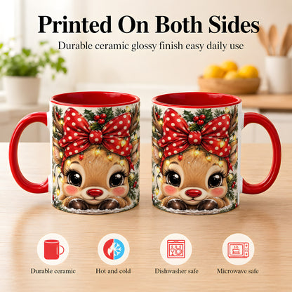 #pl[11oz|Red] Cute Christmas Reindeer Coffee Mug, Holiday Deer Mug, Ceramic Cup