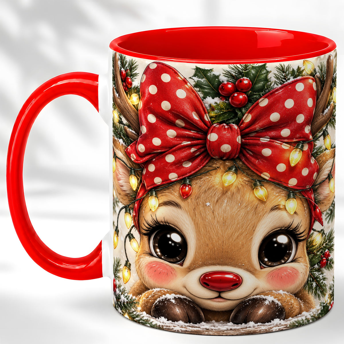 Cute Christmas Reindeer Coffee Mug, Holiday Deer Mug, Ceramic Cup