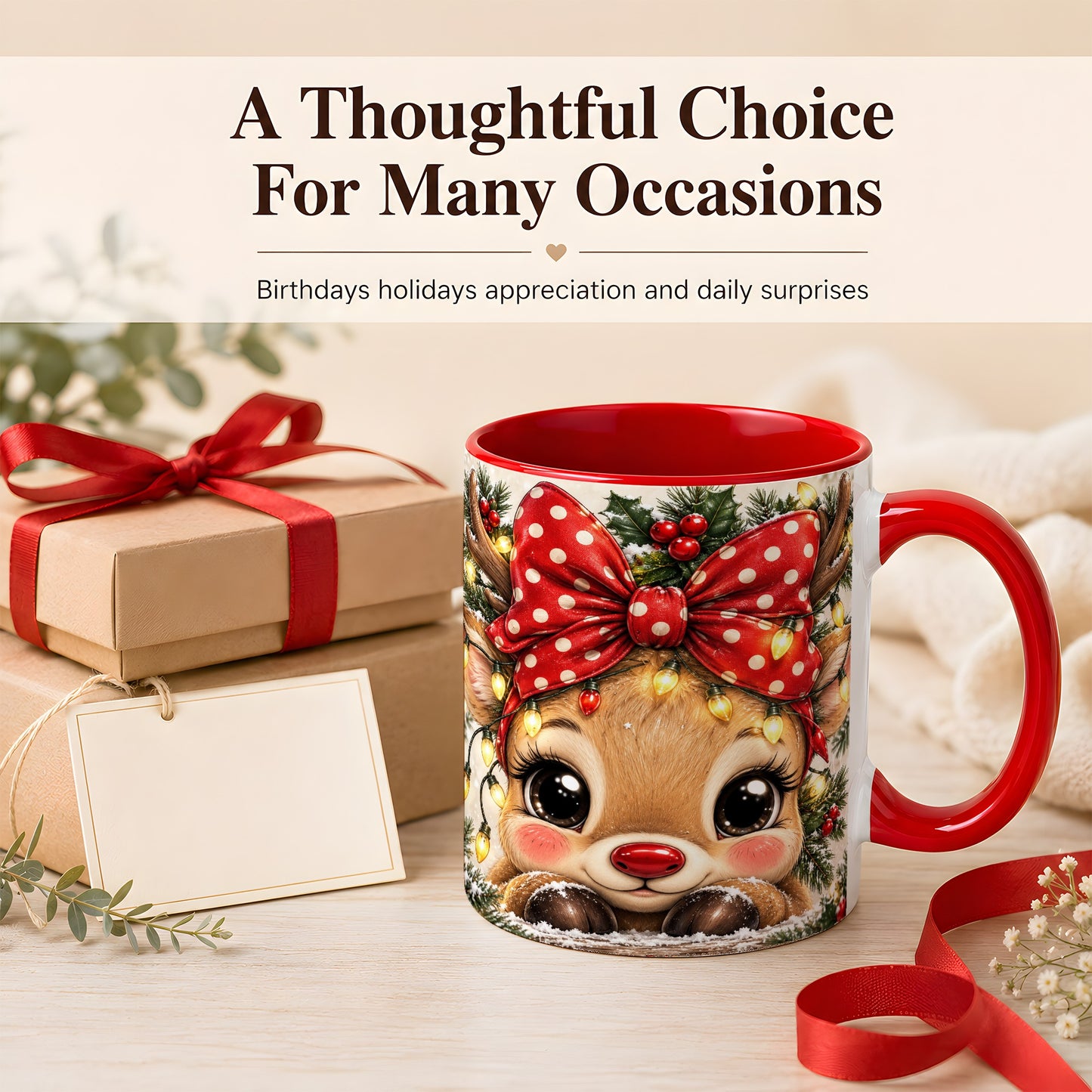 #pl[11oz|Red] Cute Christmas Reindeer Coffee Mug, Holiday Deer Mug, Ceramic Cup