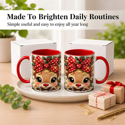 #pl[11oz|Red] Cute Christmas Reindeer Coffee Mug, Holiday Deer Mug, Ceramic Cup