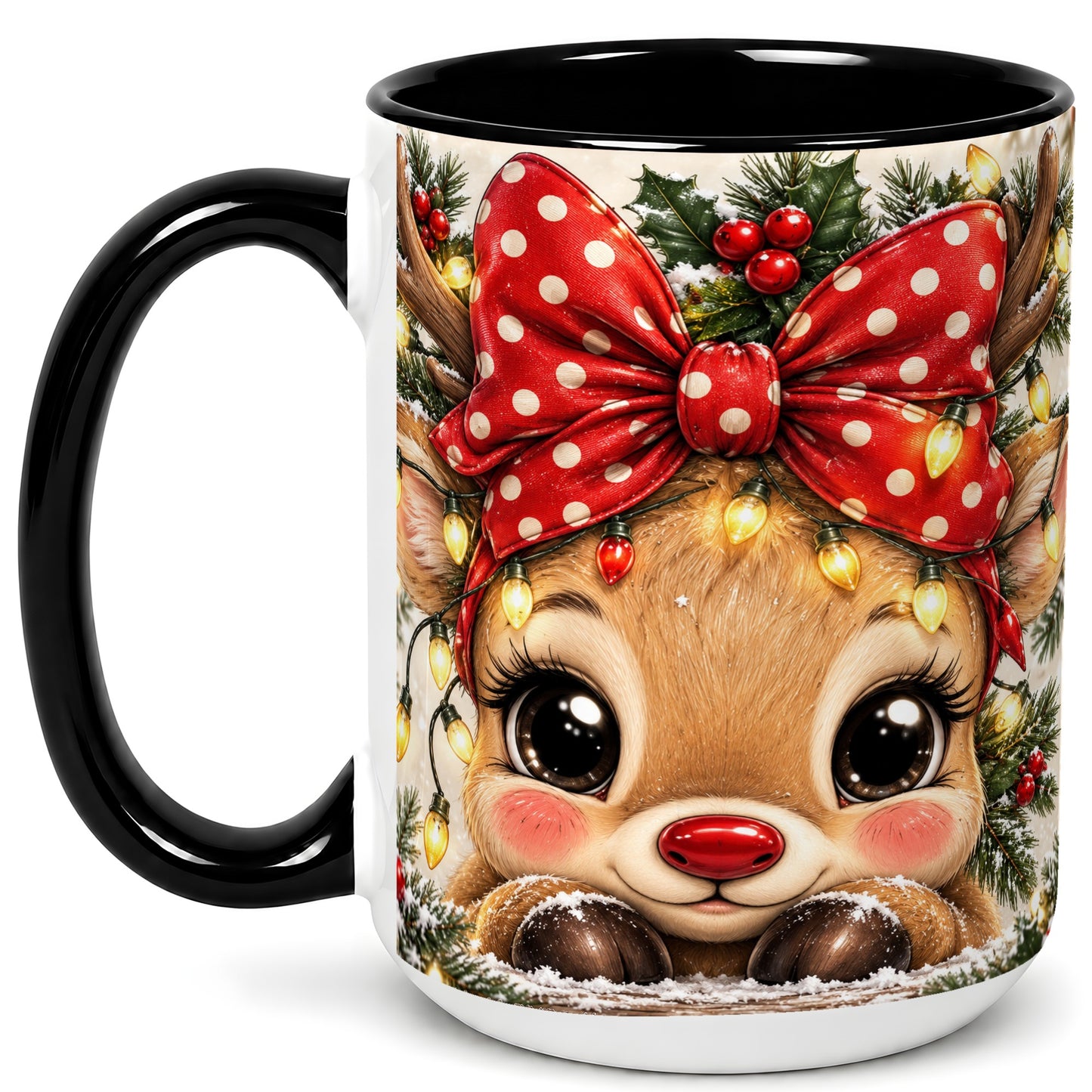 #pl[15oz|Black] Cute Christmas Reindeer Coffee Mug, Holiday Deer Mug, Ceramic Cup