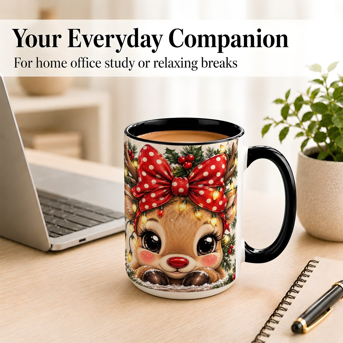 #pl[15oz|Black] Cute Christmas Reindeer Coffee Mug, Holiday Deer Mug, Ceramic Cup