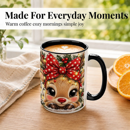 #pl[15oz|Black] Cute Christmas Reindeer Coffee Mug, Holiday Deer Mug, Ceramic Cup