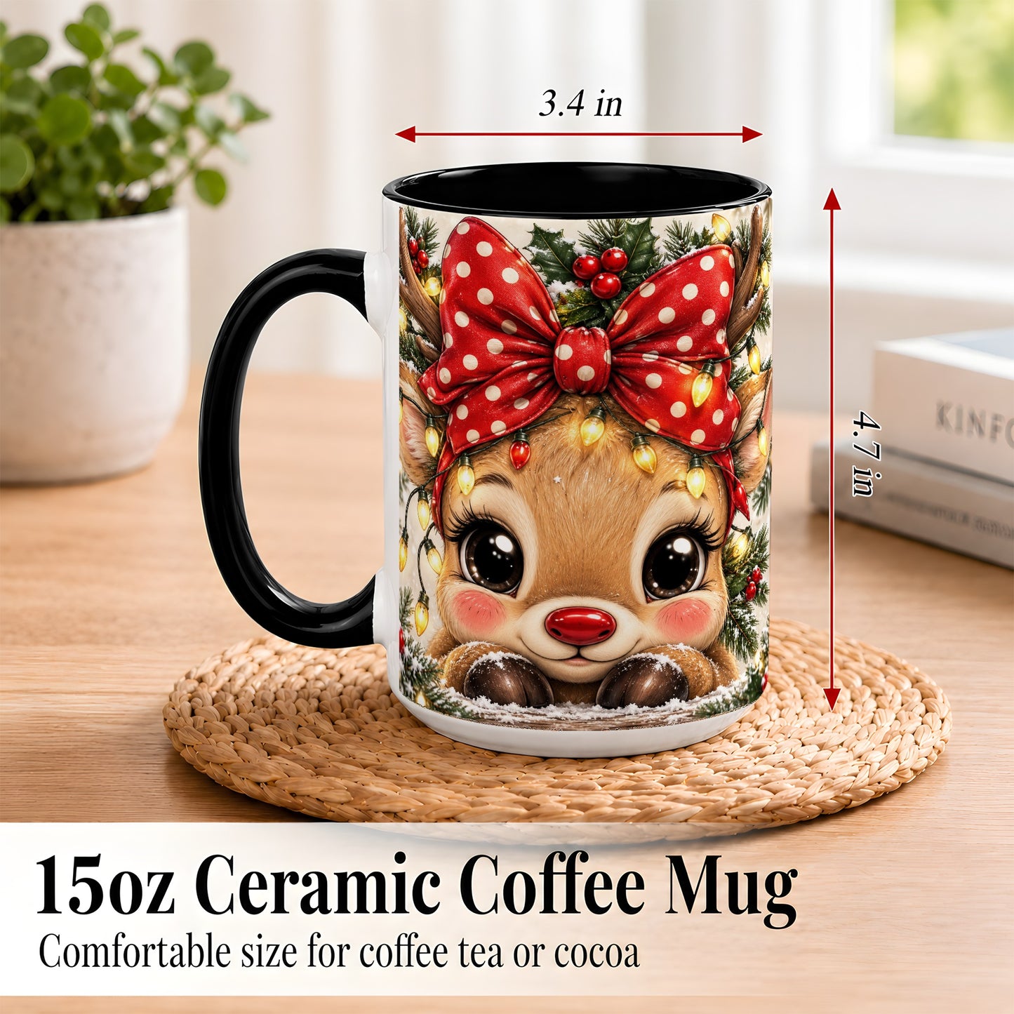 #pl[15oz|Black] Cute Christmas Reindeer Coffee Mug, Holiday Deer Mug, Ceramic Cup