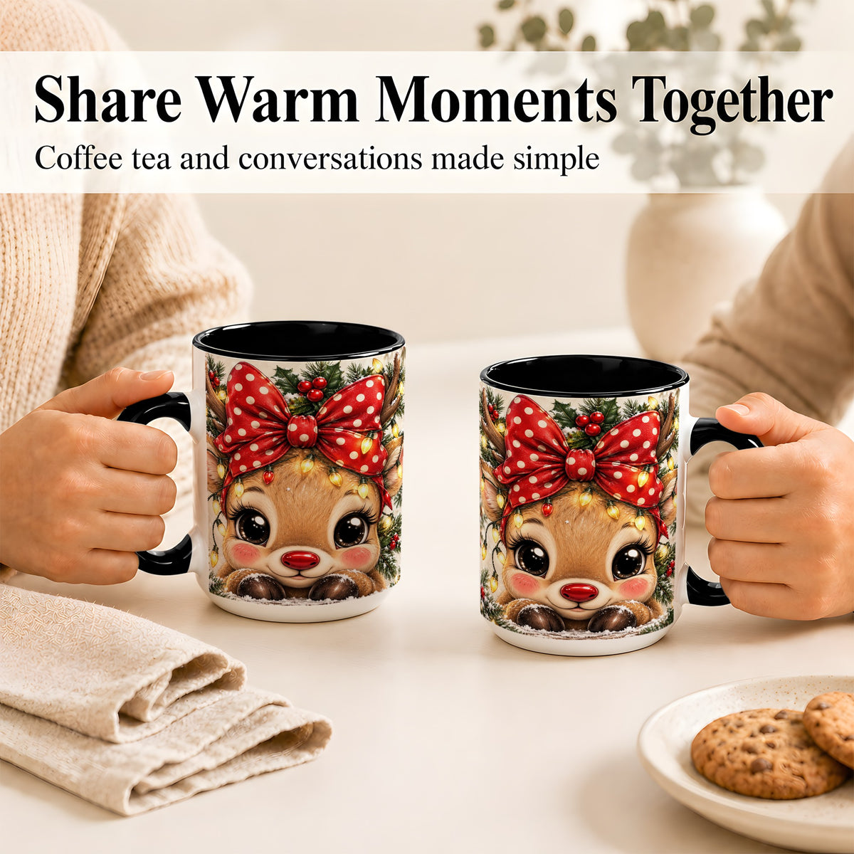 #pl[15oz|Black] Cute Christmas Reindeer Coffee Mug, Holiday Deer Mug, Ceramic Cup