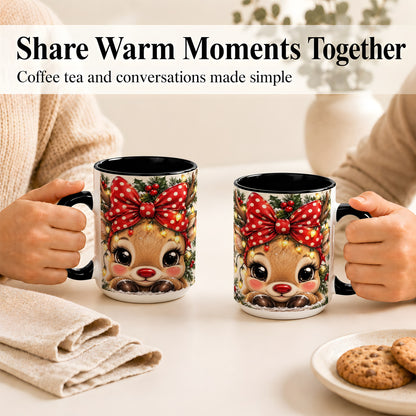 #pl[15oz|Black] Cute Christmas Reindeer Coffee Mug, Holiday Deer Mug, Ceramic Cup