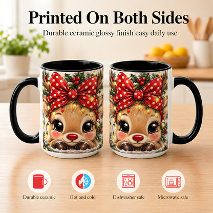 #pl[15oz|Black] Cute Christmas Reindeer Coffee Mug, Holiday Deer Mug, Ceramic Cup
