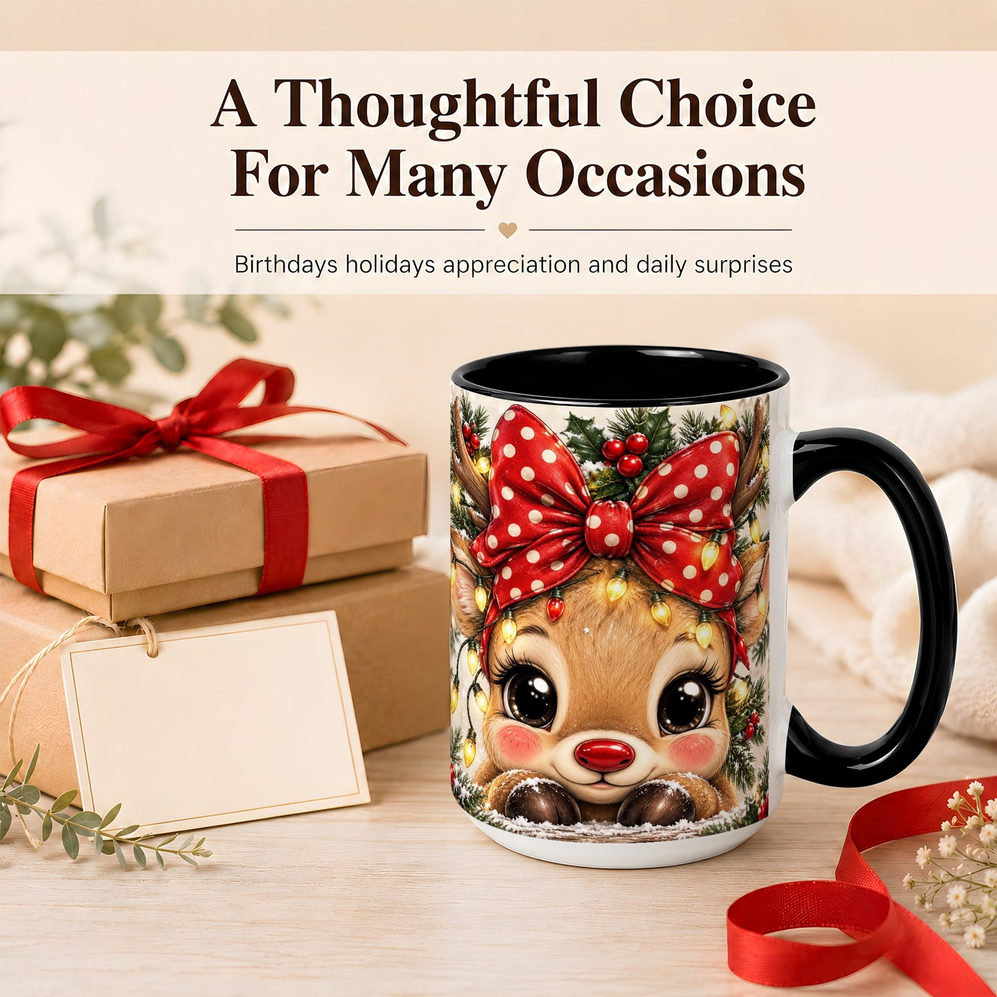 #pl[15oz|Black] Cute Christmas Reindeer Coffee Mug, Holiday Deer Mug, Ceramic Cup
