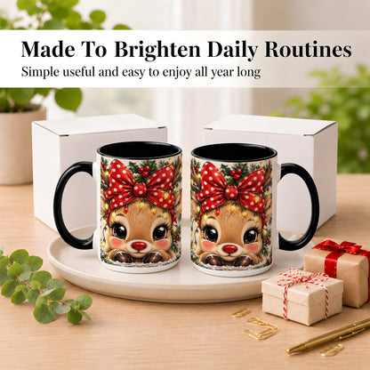 #pl[15oz|Black] Cute Christmas Reindeer Coffee Mug, Holiday Deer Mug, Ceramic Cup