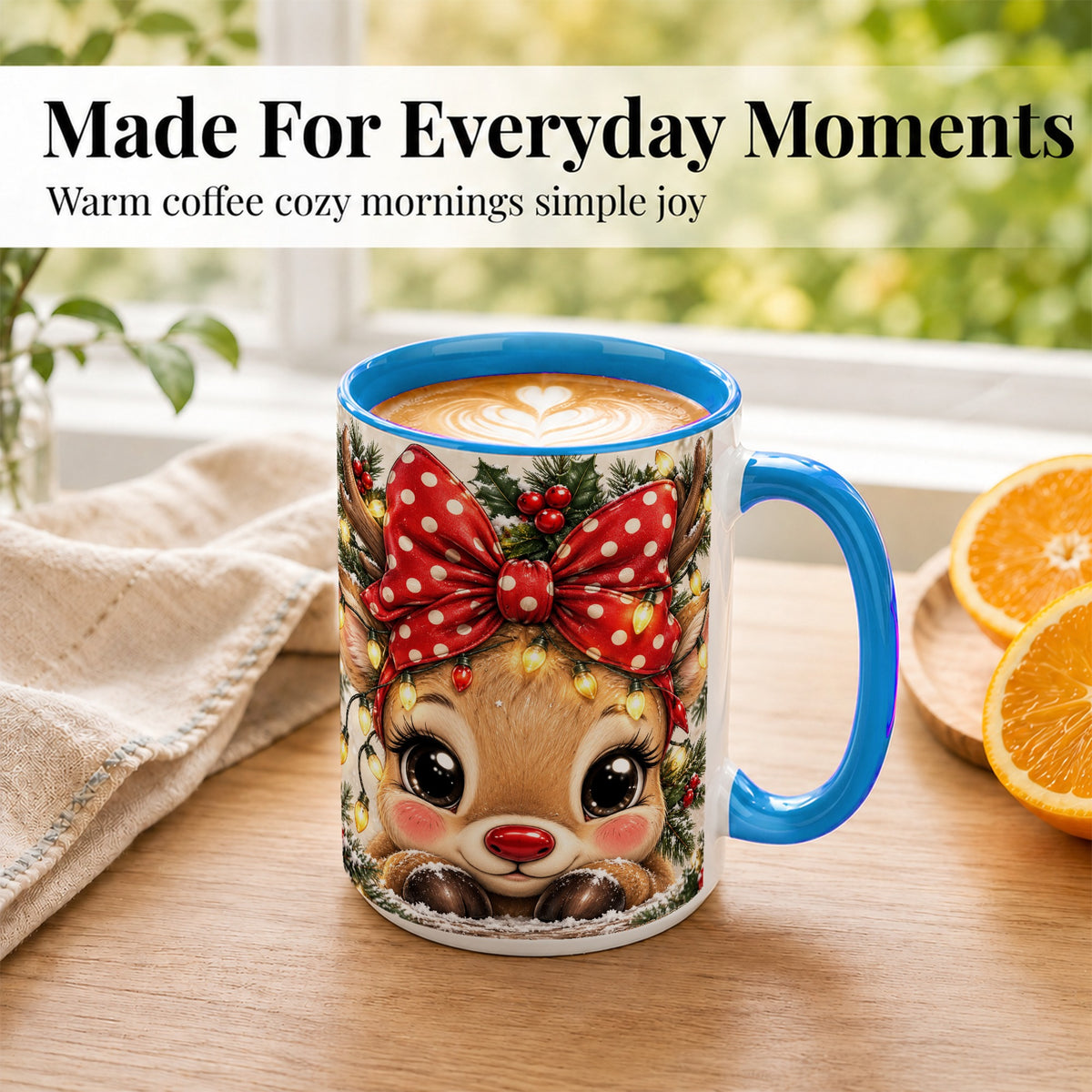 #pl[15oz|Blue] Cute Christmas Reindeer Coffee Mug, Holiday Deer Mug, Ceramic Cup