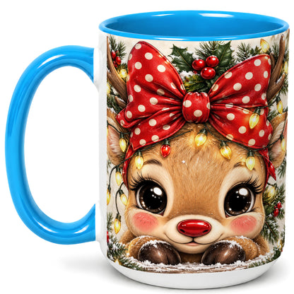 #pl[15oz|Blue] Cute Christmas Reindeer Coffee Mug, Holiday Deer Mug, Ceramic Cup