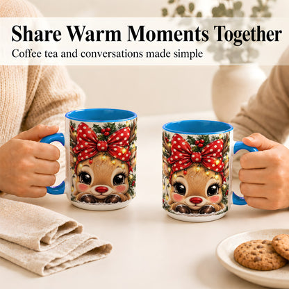 #pl[15oz|Blue] Cute Christmas Reindeer Coffee Mug, Holiday Deer Mug, Ceramic Cup