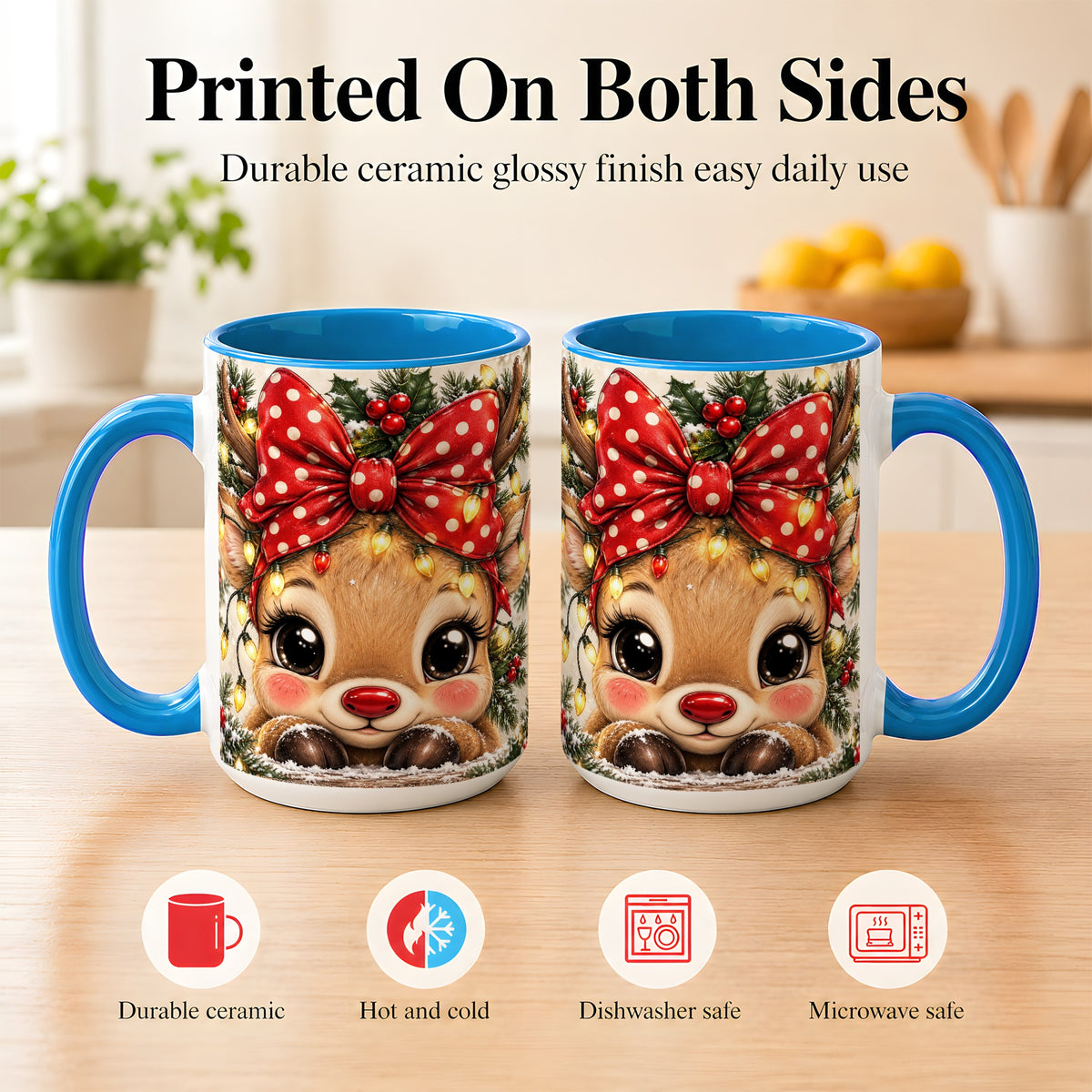 #pl[15oz|Blue] Cute Christmas Reindeer Coffee Mug, Holiday Deer Mug, Ceramic Cup