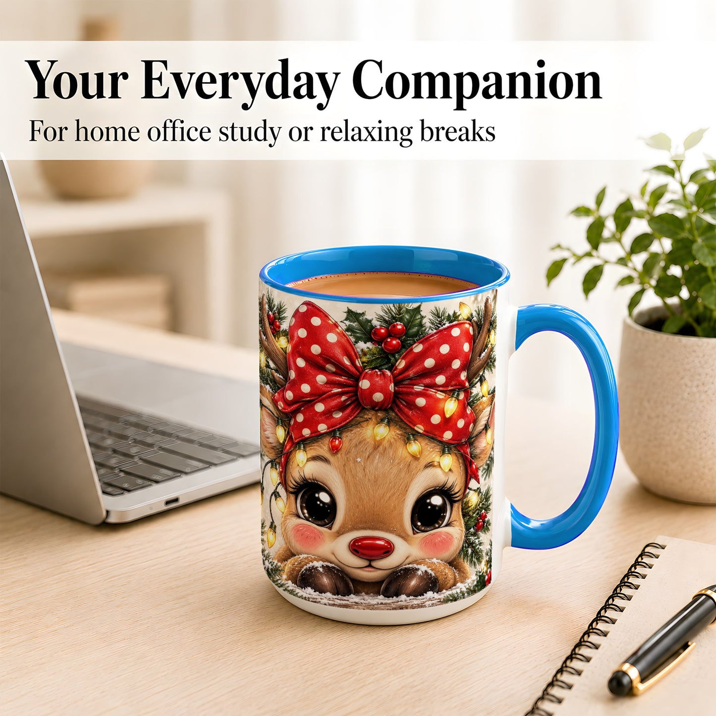#pl[15oz|Blue] Cute Christmas Reindeer Coffee Mug, Holiday Deer Mug, Ceramic Cup