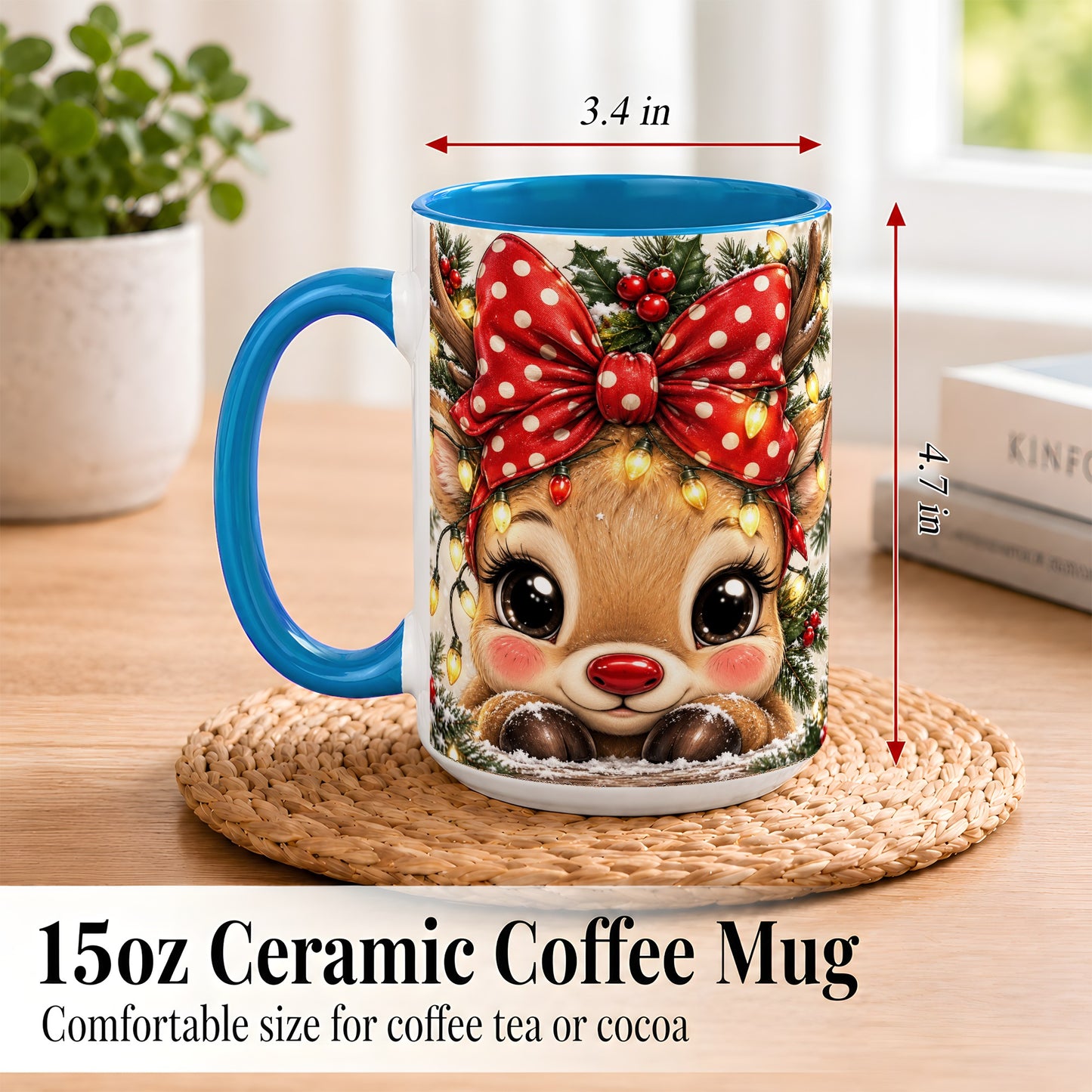 #pl[15oz|Blue] Cute Christmas Reindeer Coffee Mug, Holiday Deer Mug, Ceramic Cup