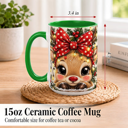 #pl[15oz|Green] Cute Christmas Reindeer Coffee Mug, Holiday Deer Mug, Ceramic Cup