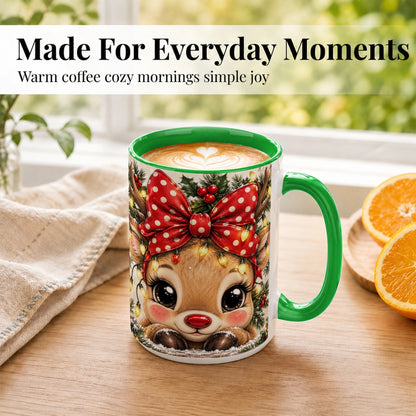 #pl[15oz|Green] Cute Christmas Reindeer Coffee Mug, Holiday Deer Mug, Ceramic Cup