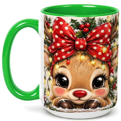 #pl[15oz|Green] Cute Christmas Reindeer Coffee Mug, Holiday Deer Mug, Ceramic Cup