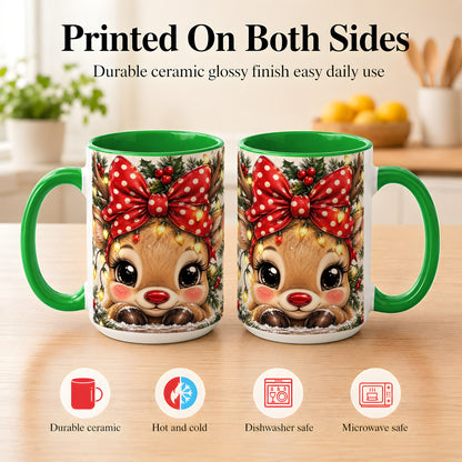 #pl[15oz|Green] Cute Christmas Reindeer Coffee Mug, Holiday Deer Mug, Ceramic Cup