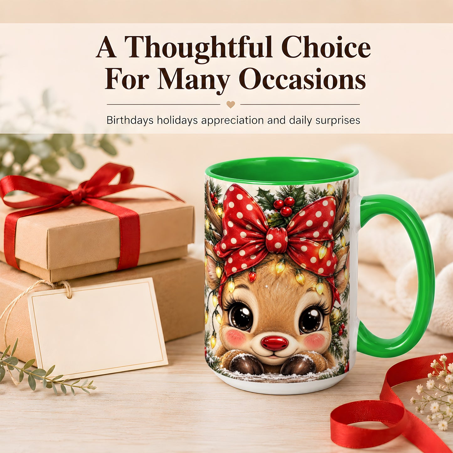 #pl[15oz|Green] Cute Christmas Reindeer Coffee Mug, Holiday Deer Mug, Ceramic Cup