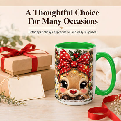 #pl[15oz|Green] Cute Christmas Reindeer Coffee Mug, Holiday Deer Mug, Ceramic Cup