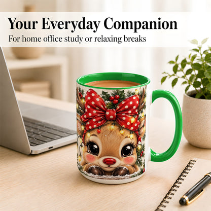 #pl[15oz|Green] Cute Christmas Reindeer Coffee Mug, Holiday Deer Mug, Ceramic Cup