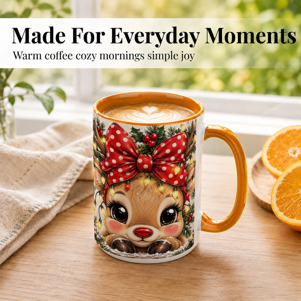 #pl[15oz|Orange] Cute Christmas Reindeer Coffee Mug, Holiday Deer Mug, Ceramic Cup
