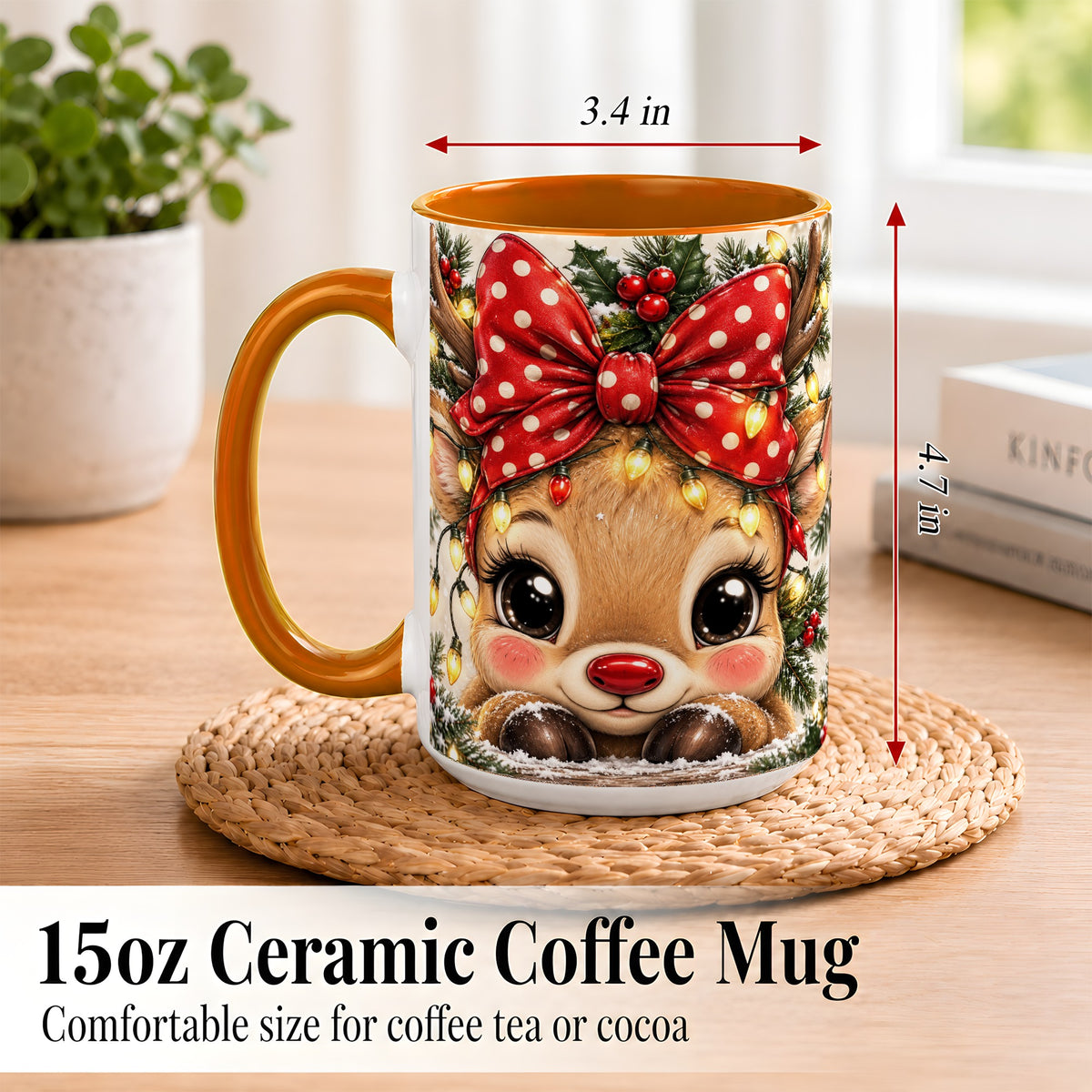 #pl[15oz|Orange] Cute Christmas Reindeer Coffee Mug, Holiday Deer Mug, Ceramic Cup
