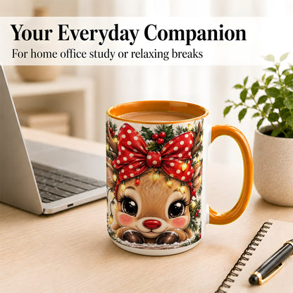 #pl[15oz|Orange] Cute Christmas Reindeer Coffee Mug, Holiday Deer Mug, Ceramic Cup