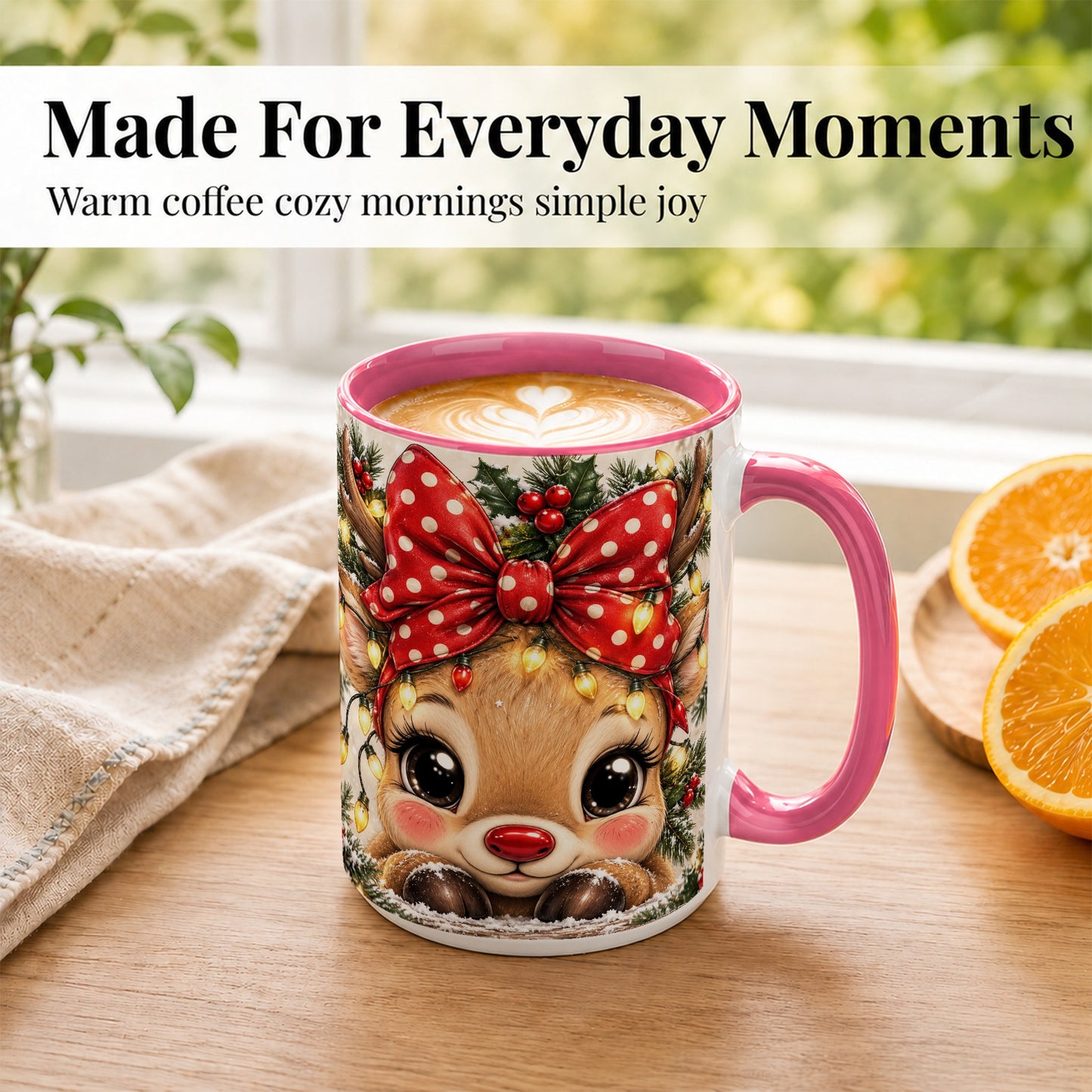 #pl[15oz|Pink] Cute Christmas Reindeer Coffee Mug, Holiday Deer Mug, Ceramic Cup