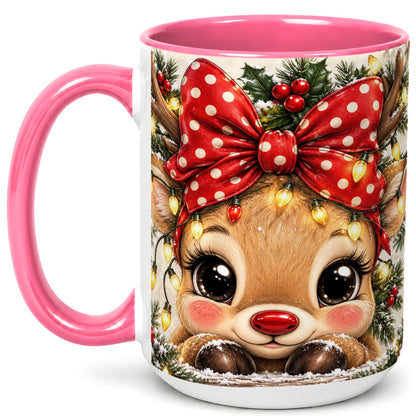 #pl[15oz|Pink] Cute Christmas Reindeer Coffee Mug, Holiday Deer Mug, Ceramic Cup