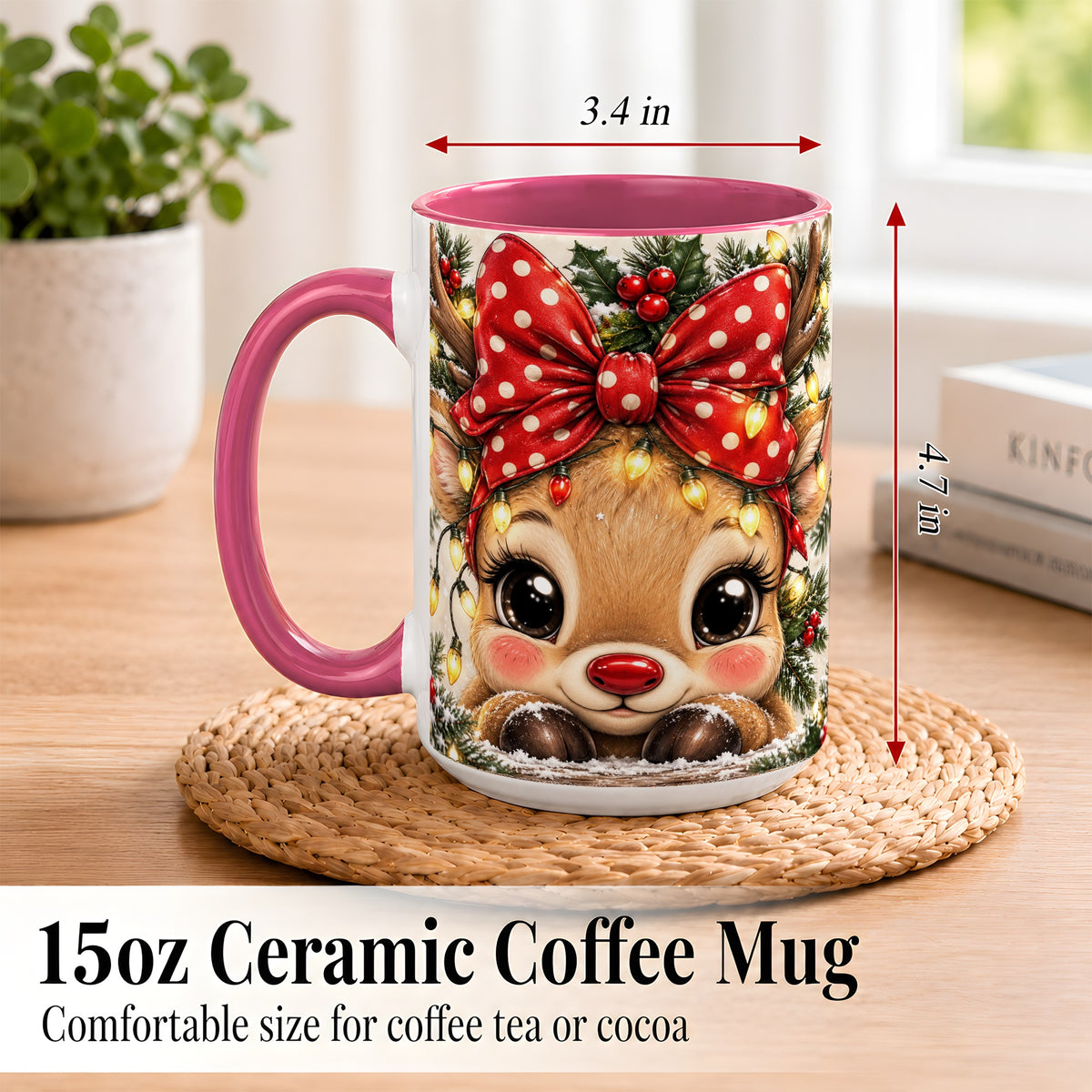 #pl[15oz|Pink] Cute Christmas Reindeer Coffee Mug, Holiday Deer Mug, Ceramic Cup