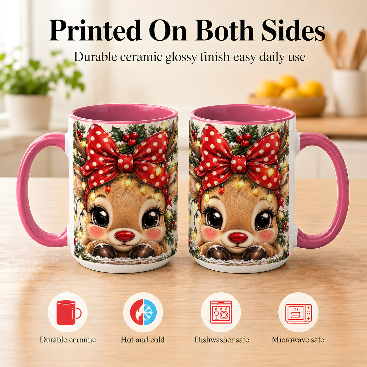 #pl[15oz|Pink] Cute Christmas Reindeer Coffee Mug, Holiday Deer Mug, Ceramic Cup