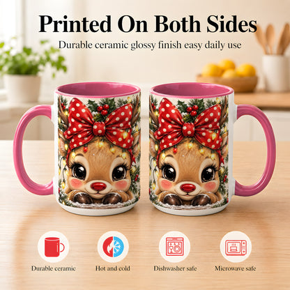#pl[15oz|Pink] Cute Christmas Reindeer Coffee Mug, Holiday Deer Mug, Ceramic Cup