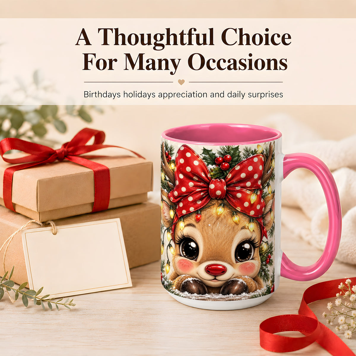 #pl[15oz|Pink] Cute Christmas Reindeer Coffee Mug, Holiday Deer Mug, Ceramic Cup