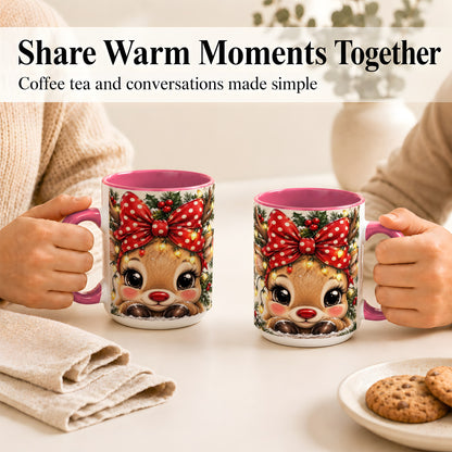 #pl[15oz|Pink] Cute Christmas Reindeer Coffee Mug, Holiday Deer Mug, Ceramic Cup